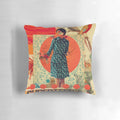 Vintage inspired collage design featuring a woman's portrait surrounded by floral and bird elements in shades of orange and red.