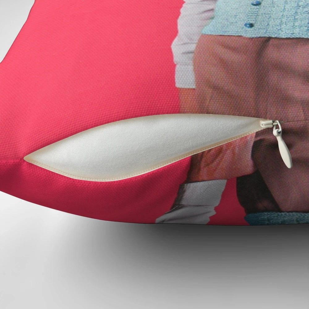 Vintage collage pillow featuring a surreal portrait of a man with a watermelon.