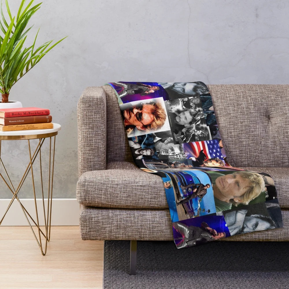 Vintage collage plush blanket with image of French singer Johnny Hallyday