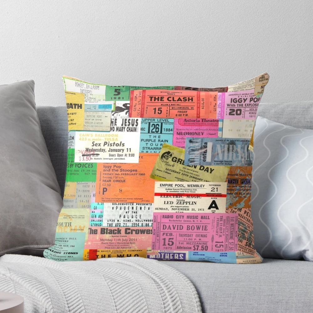 Vintage concert ticket stub printed on a soft, plush pillow for music lovers and concert enthusiasts.