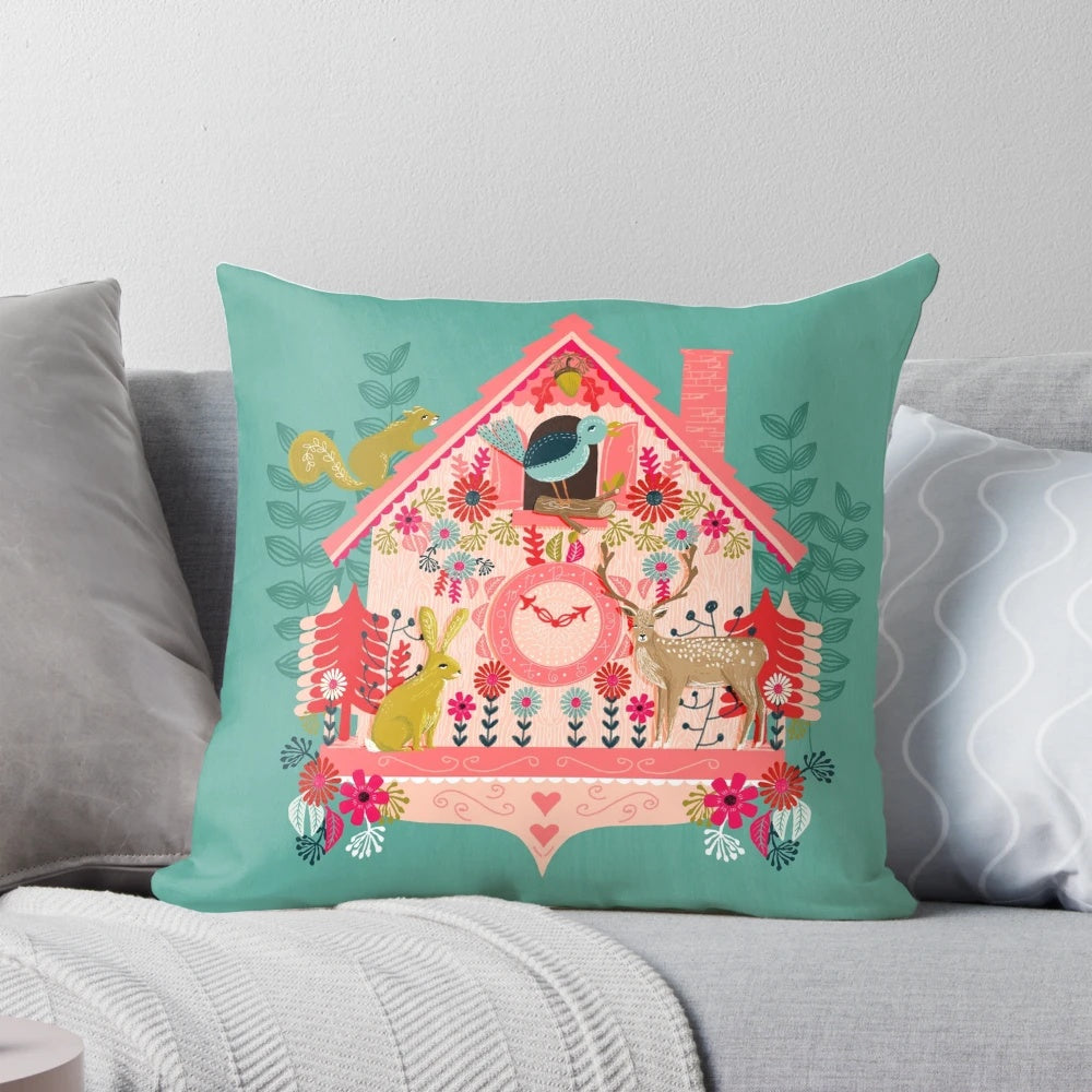 Vintage cuckoo clock illustration decorative pillow for Valentines Day
