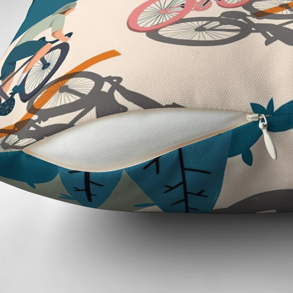 Vintage cycling art design on a decorative throw pillow for biking enthusiasts