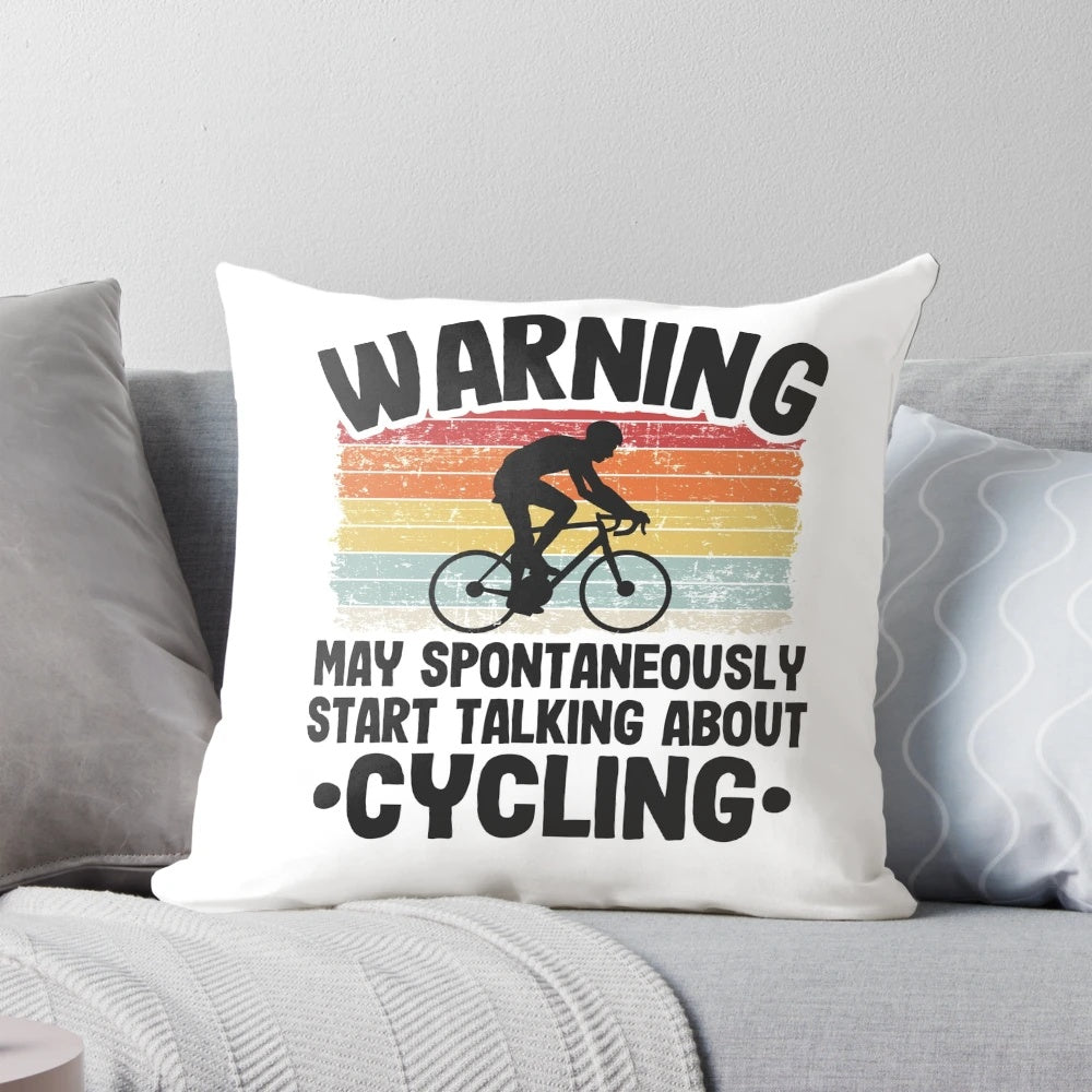 Vintage-styled cycling enthusiast pillow with text "Warning May Talk About Cycling