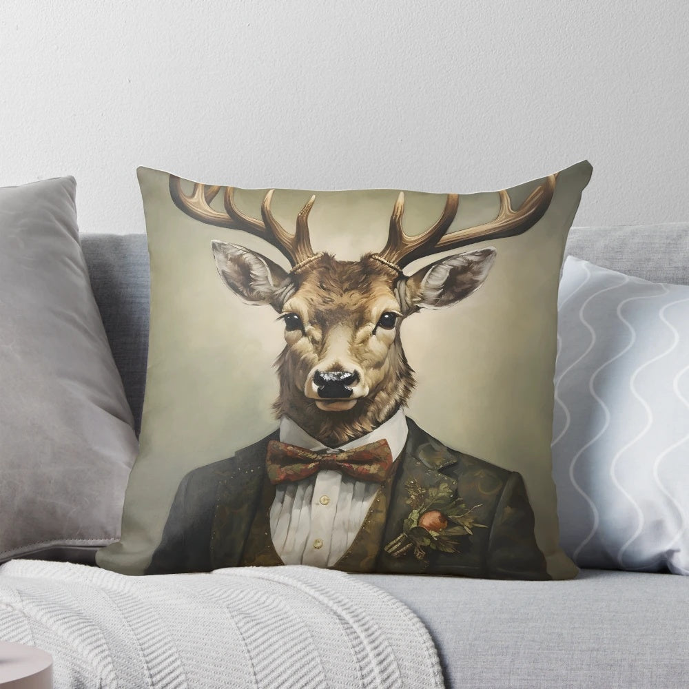 A vintage-inspired watercolor portrait of a deer wearing a suit and tie, surrounded by confetti.