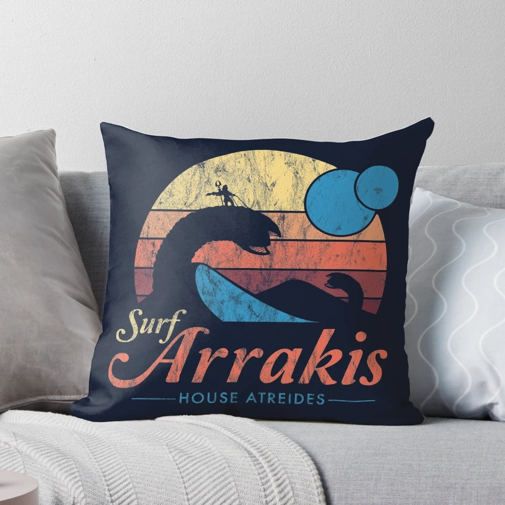 Vintage distressed sci-fi pillow featuring the iconic sandworm of Arrakis from the Dune universe.