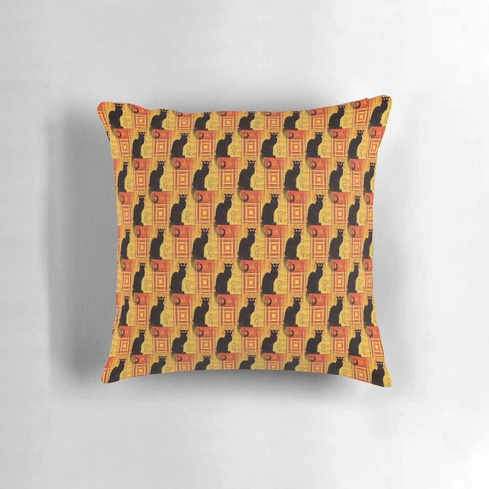 Vintage distressed pillow featuring the iconic "Tournee Du Chat Noir" black cat image