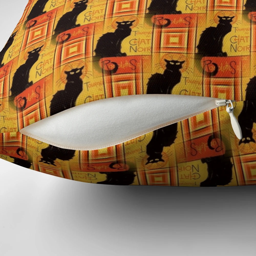 Vintage distressed pillow featuring the iconic "Tournee Du Chat Noir" black cat image