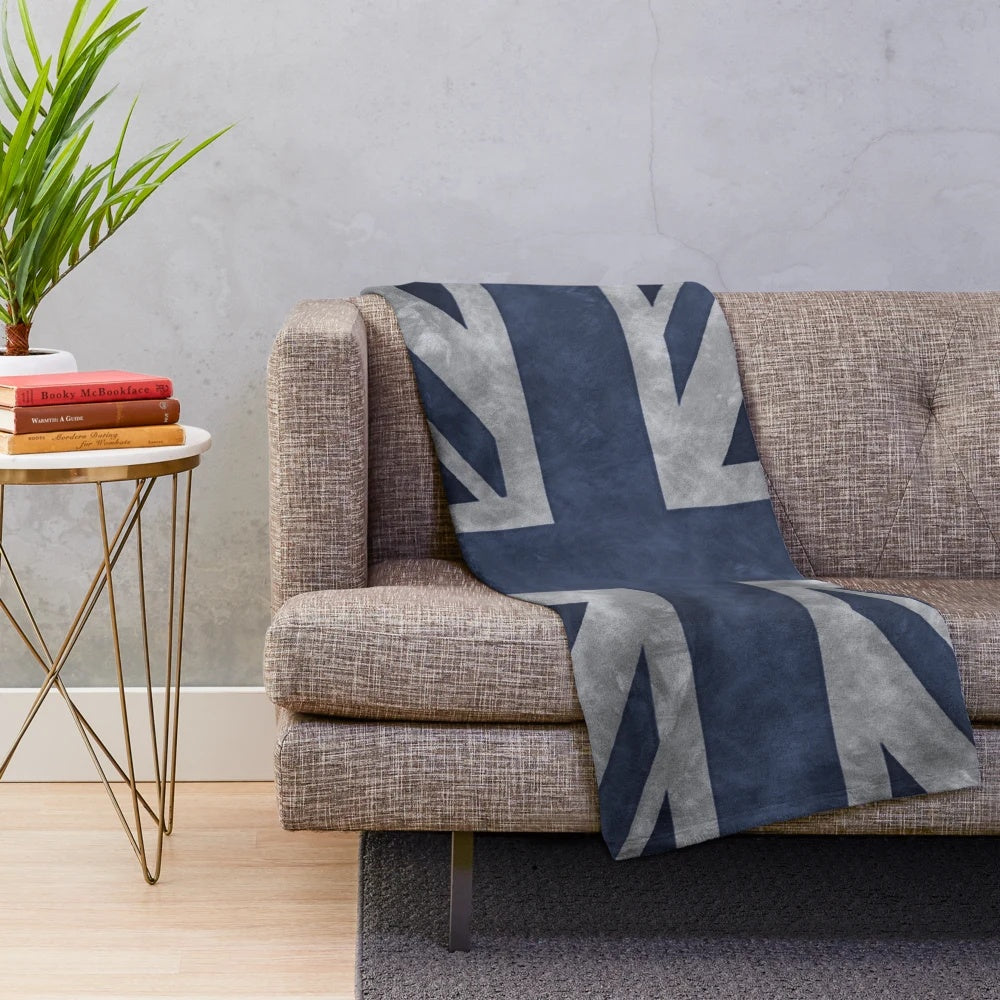 Blue and white distressed Union Jack design plush blanket