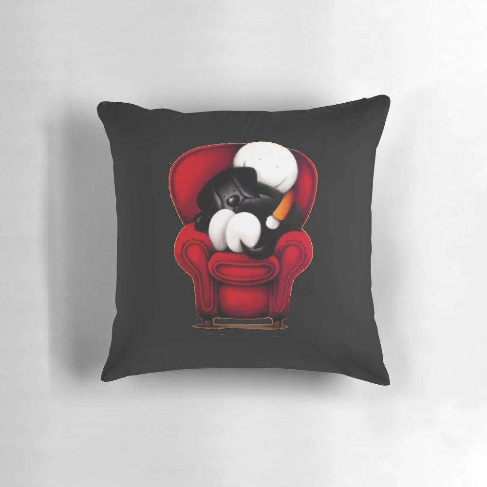 Vintage-inspired pillow featuring the surrealist artwork of Doug Hyde, depicting a whimsical dog figure.