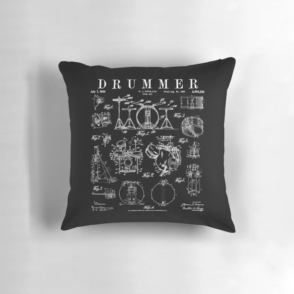 Vintage drum set kit patent drawing print pillow for drummer enthusiasts