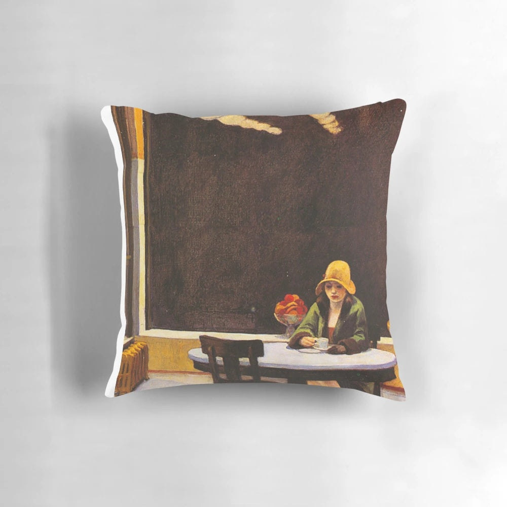 Vintage-style throw pillow featuring the iconic Automat painting by American artist Edward Hopper.