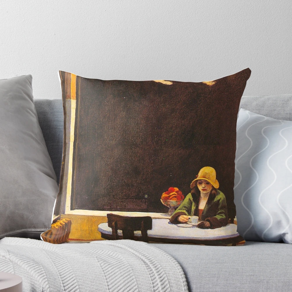 Vintage-style throw pillow featuring the iconic Automat painting by American artist Edward Hopper.