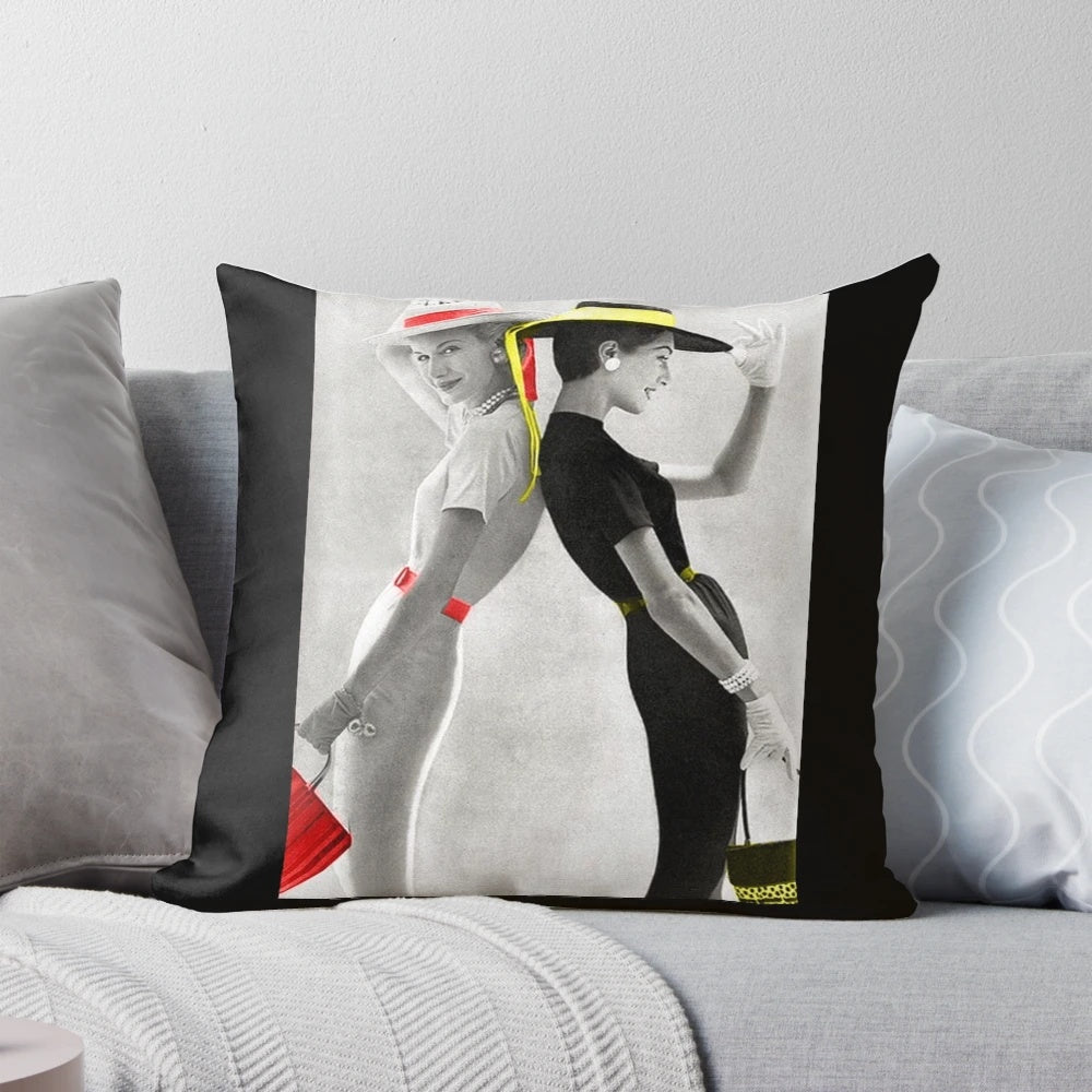 Vintage-inspired pillow featuring a black and white photograph of 1950s models Sunny Harnett and Dovima