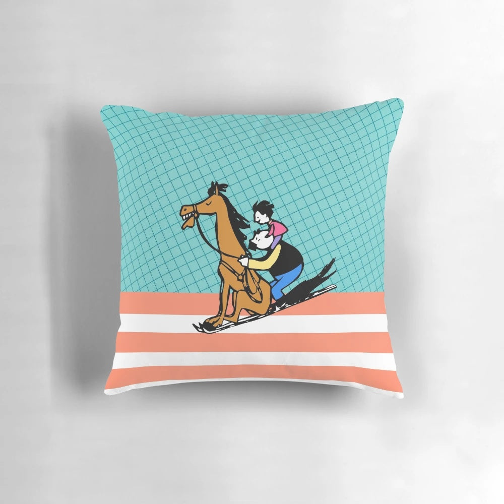 Vintage illustration of a father and son riding a horse, featuring a playful, fantasy-inspired design by Erich Ohser.