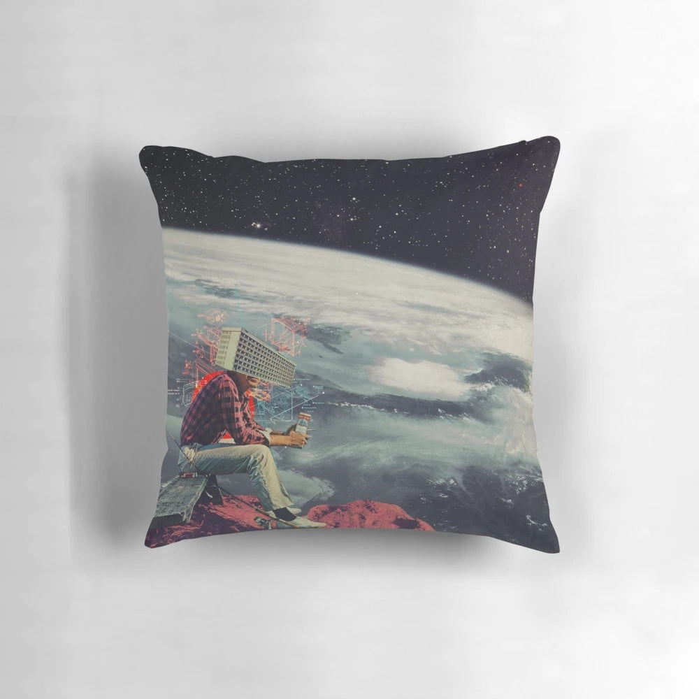 Vintage collage art featuring a surreal retrofuture architectural escape scene printed on a pillow.
