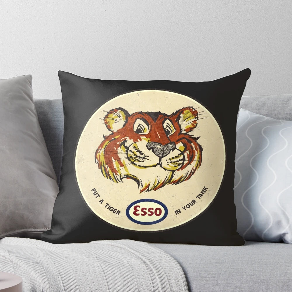 Vintage Esso Tiger Oil Company distressed, scratched pillow for retro garage decor