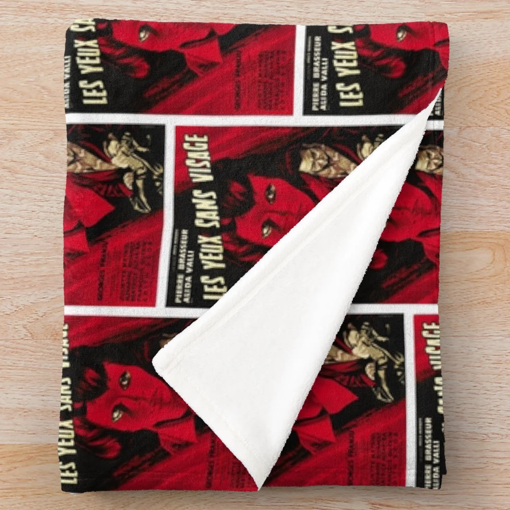 Plush blanket featuring the iconic imagery of the French horror film "Eyes Without a Face
