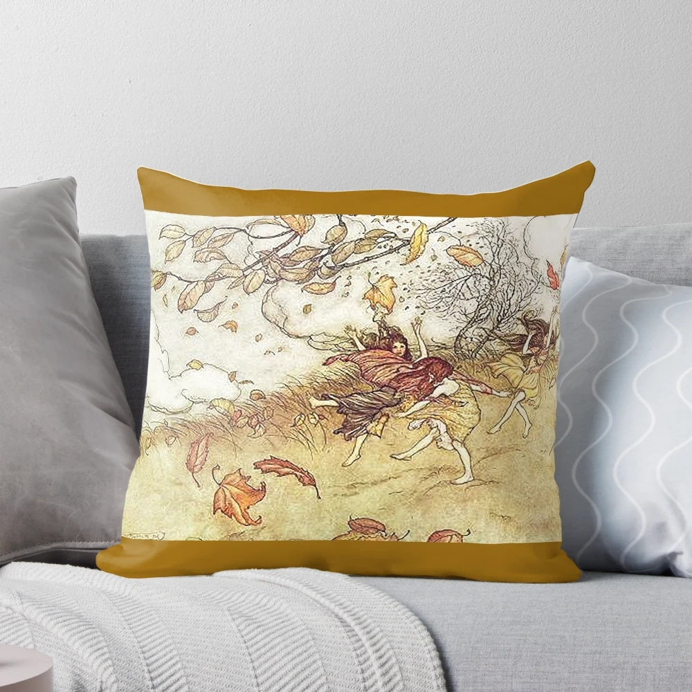 Vintage Arthur Rackham fairy tale illustration of fairies in an autumn setting, featured on a decorative throw pillow.