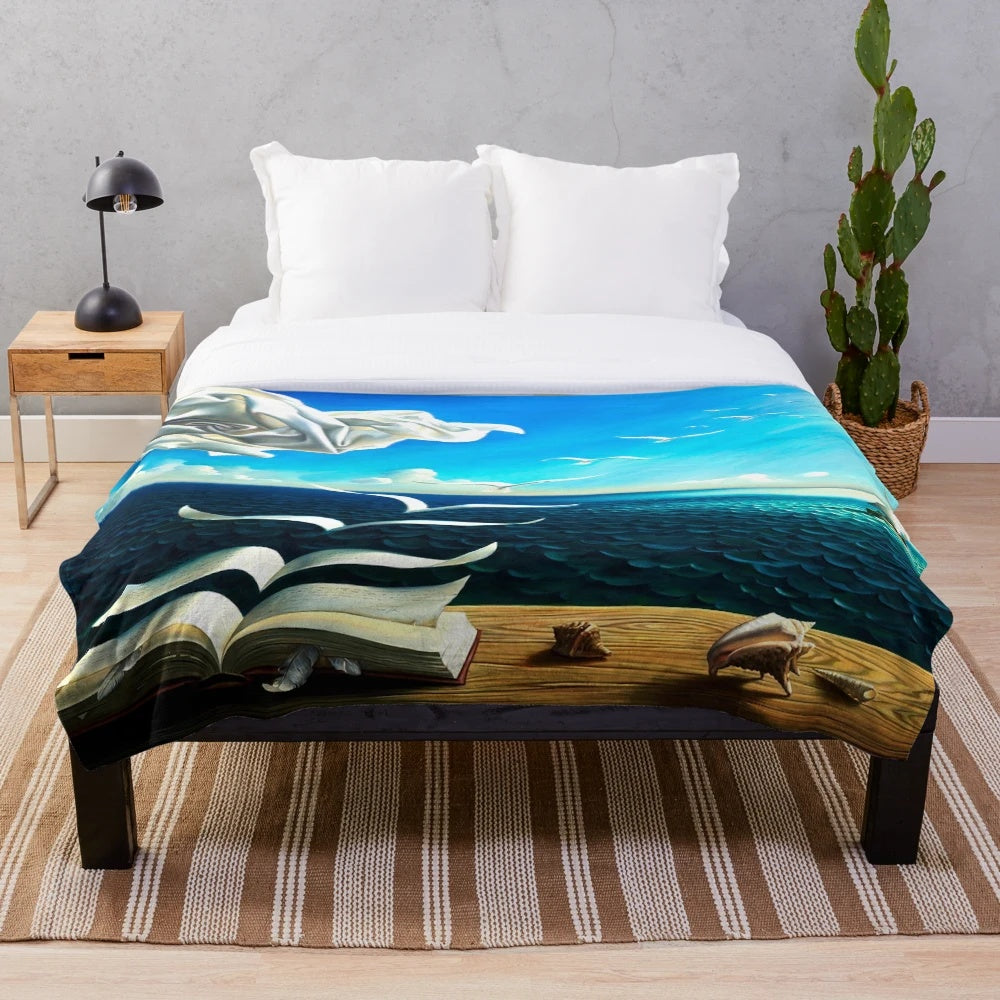 Vintage fantasy surreal print plush blanket featuring a dreamlike, book-themed design