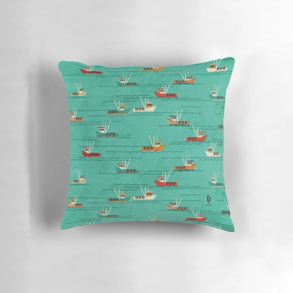 Vintage-style pillow with a textured image of fishing trawlers on the River Thames Estuary in Essex, England.