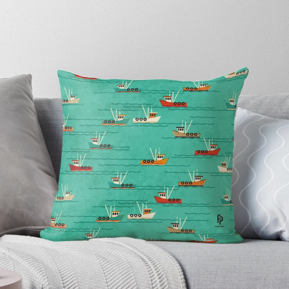 Vintage-style pillow with a textured image of fishing trawlers on the River Thames Estuary in Essex, England.