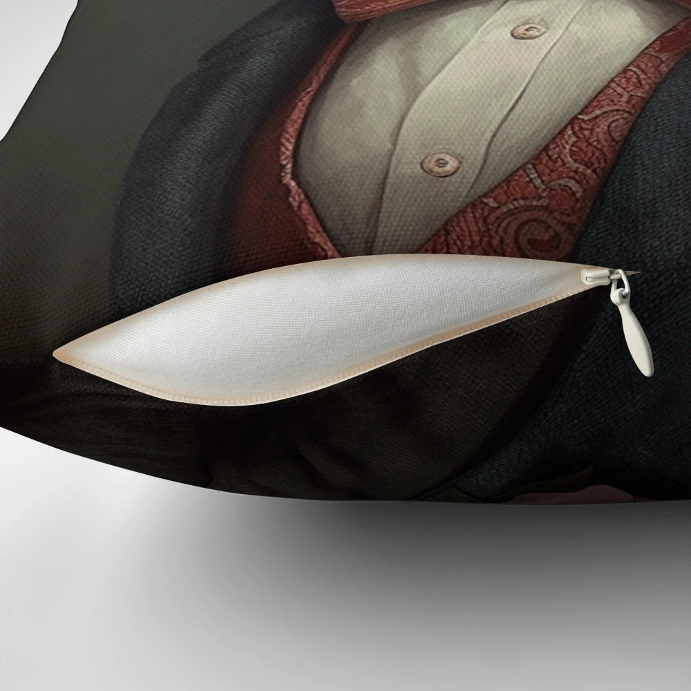 Vintage-style portrait of a flamingo wearing a suit, in a Victorian-inspired design.