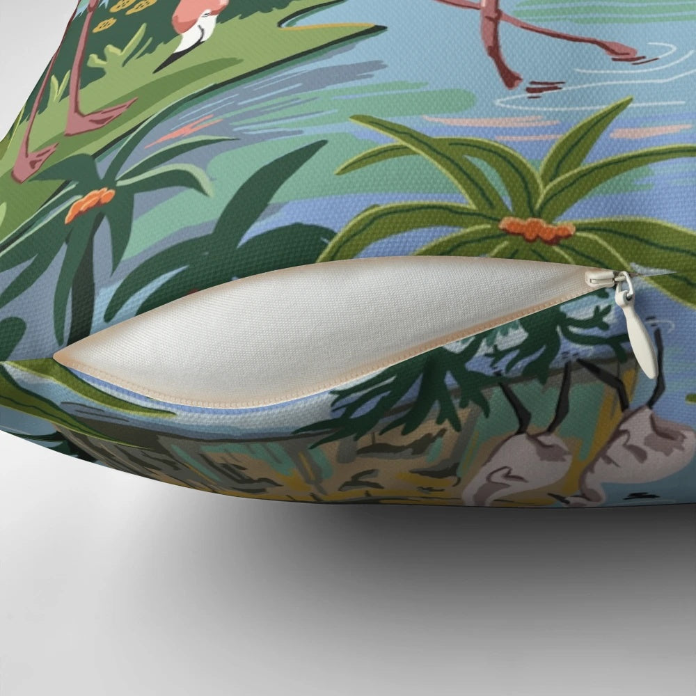 A vintage-style paint by number throw pillow featuring a whimsical flamingo scene in a tropical lagoon setting.