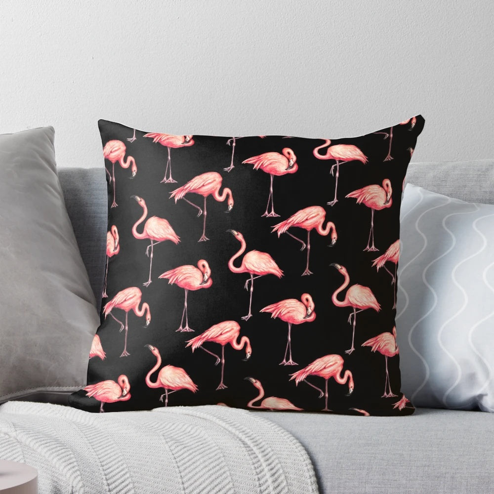 Vintage-inspired flamingo pattern decorative throw pillow in black and pink for home decor