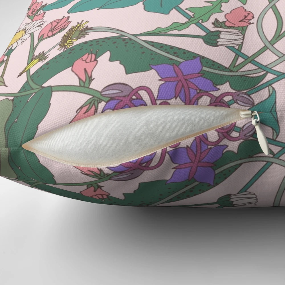 Vintage inspired floral decorative pillow with a dandelion and botanical pattern
