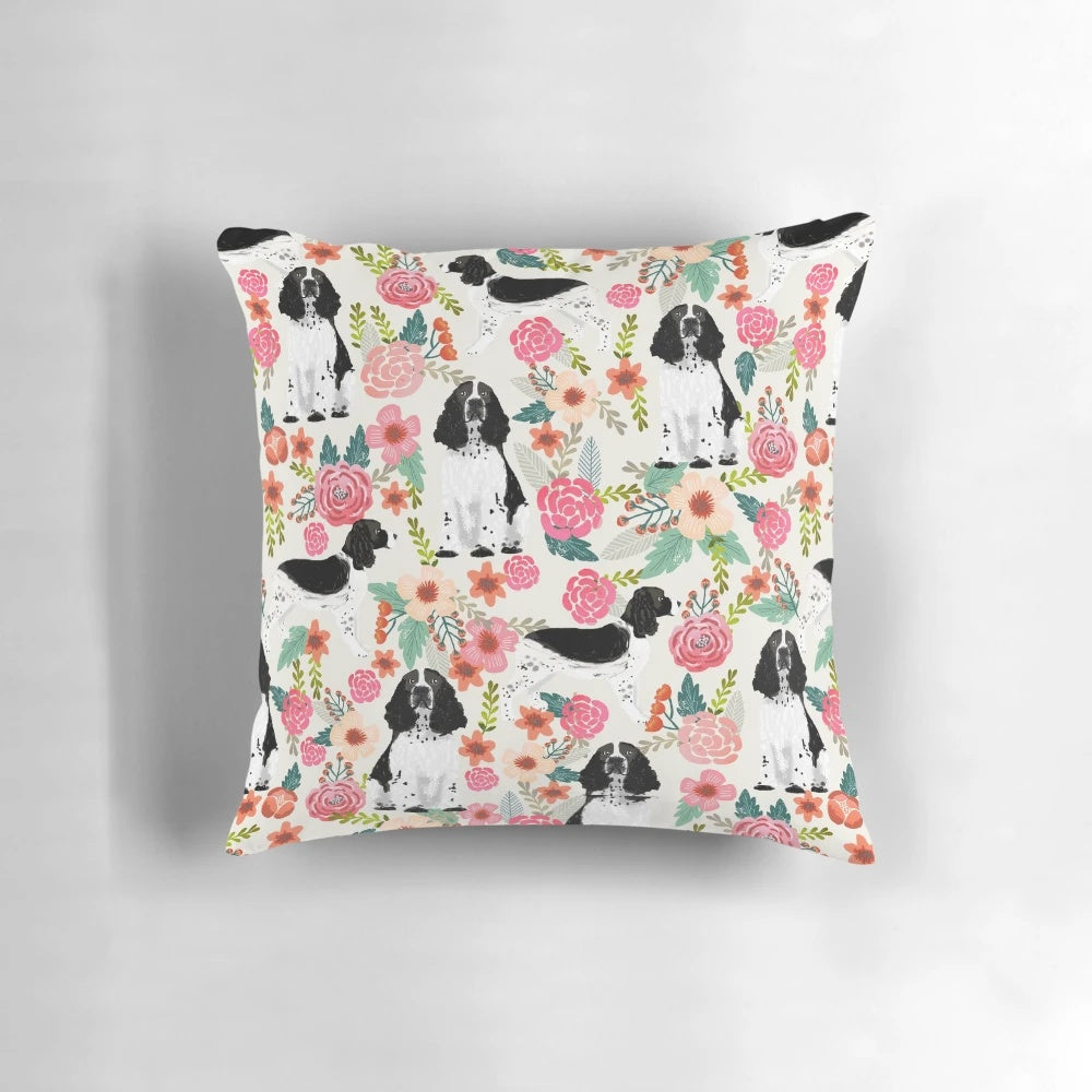 Vintage floral pattern pillow featuring an English Springer Spaniel dog in black and white