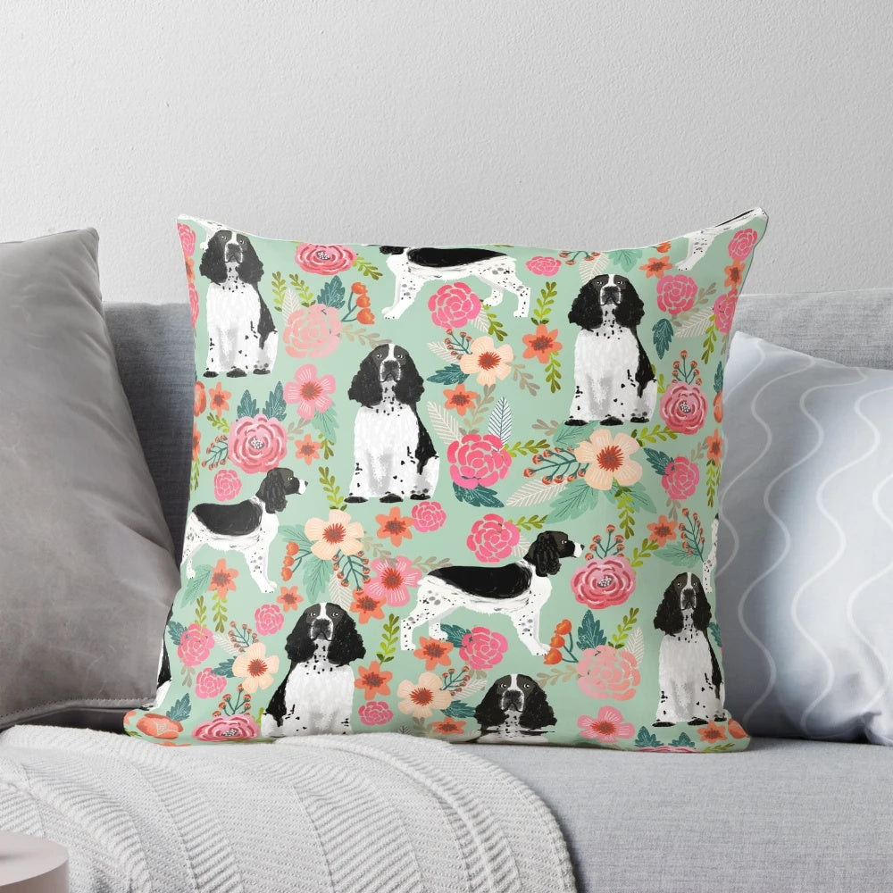 Vintage floral pattern with an English Springer Spaniel dog on a decorative throw pillow