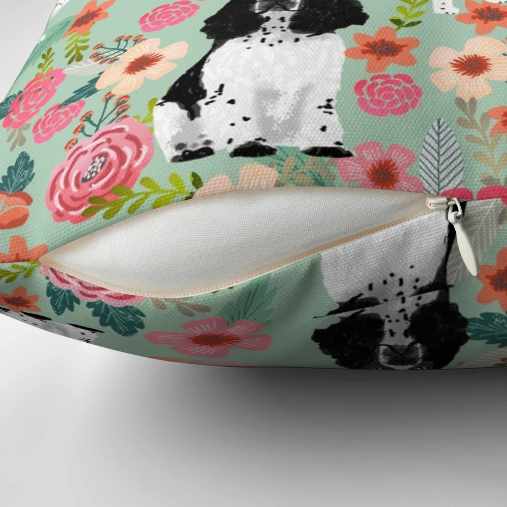 Vintage floral pattern with an English Springer Spaniel dog on a decorative throw pillow