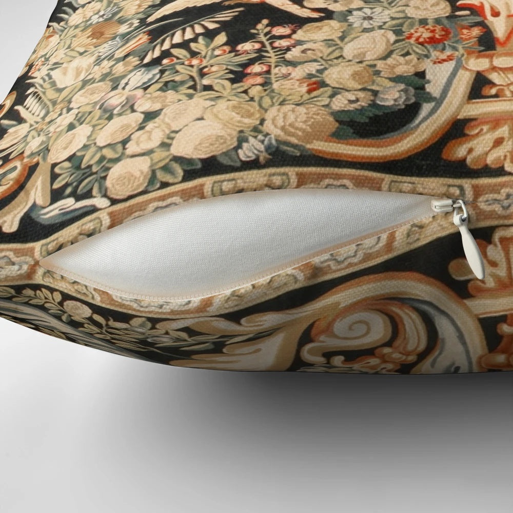 Vintage floral patterned accent pillow with antique French Gobelins and Aubusson tapestry-inspired design