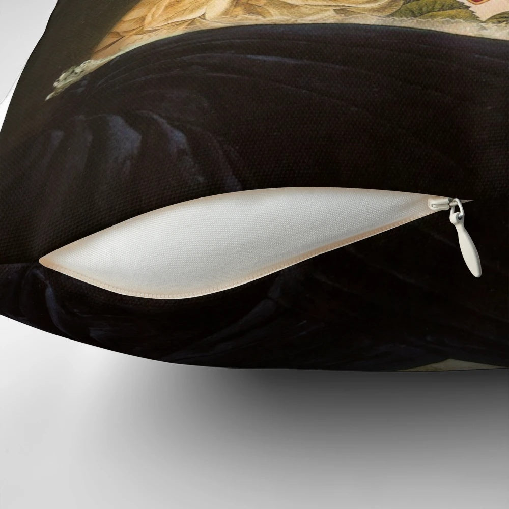 A vintage-inspired pillow featuring a collage of hearts, roses, and other floral elements in a surreal, artsy design.