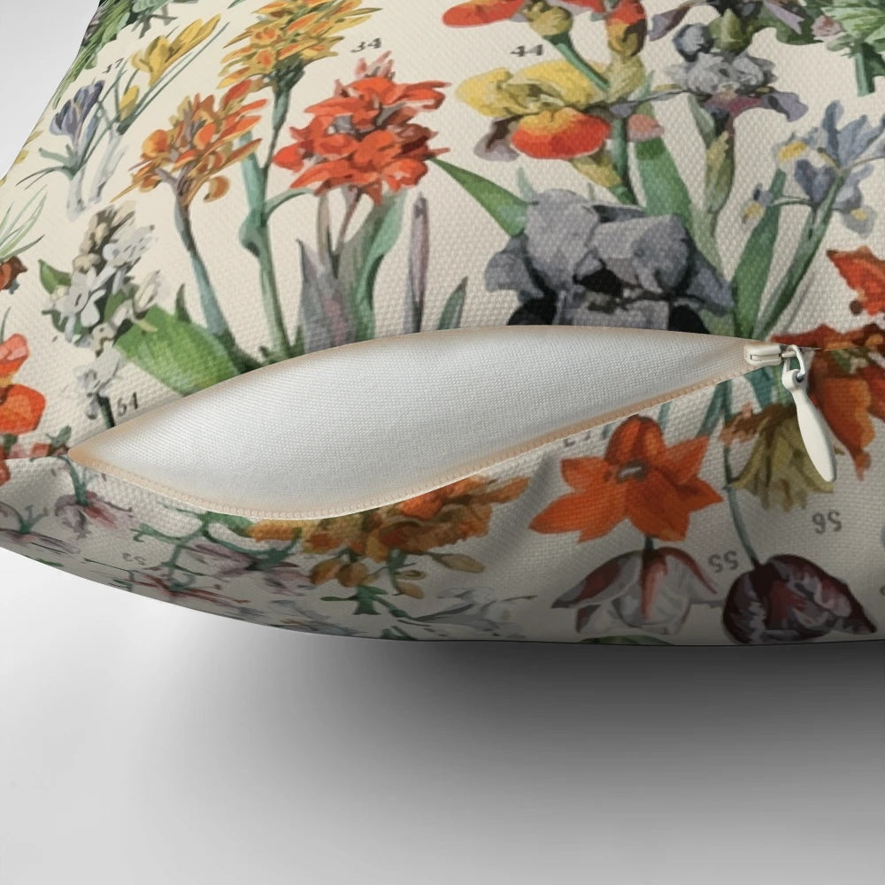 Vintage floral illustration decorative pillow featuring Adolphe Millot's Fleurs design