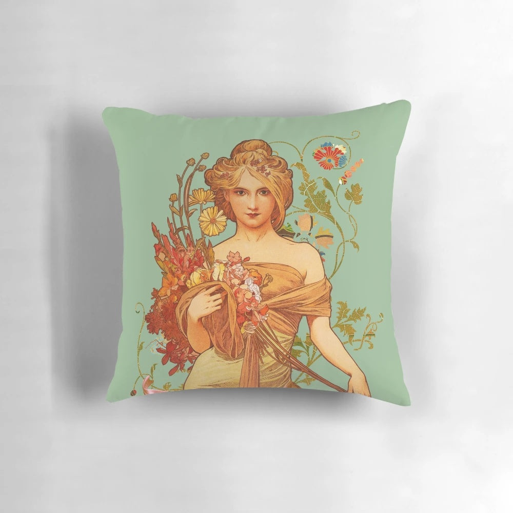 Vintage floral throw pillow featuring Alphonse Mucha's iconic art nouveau design with a woman and flowers.