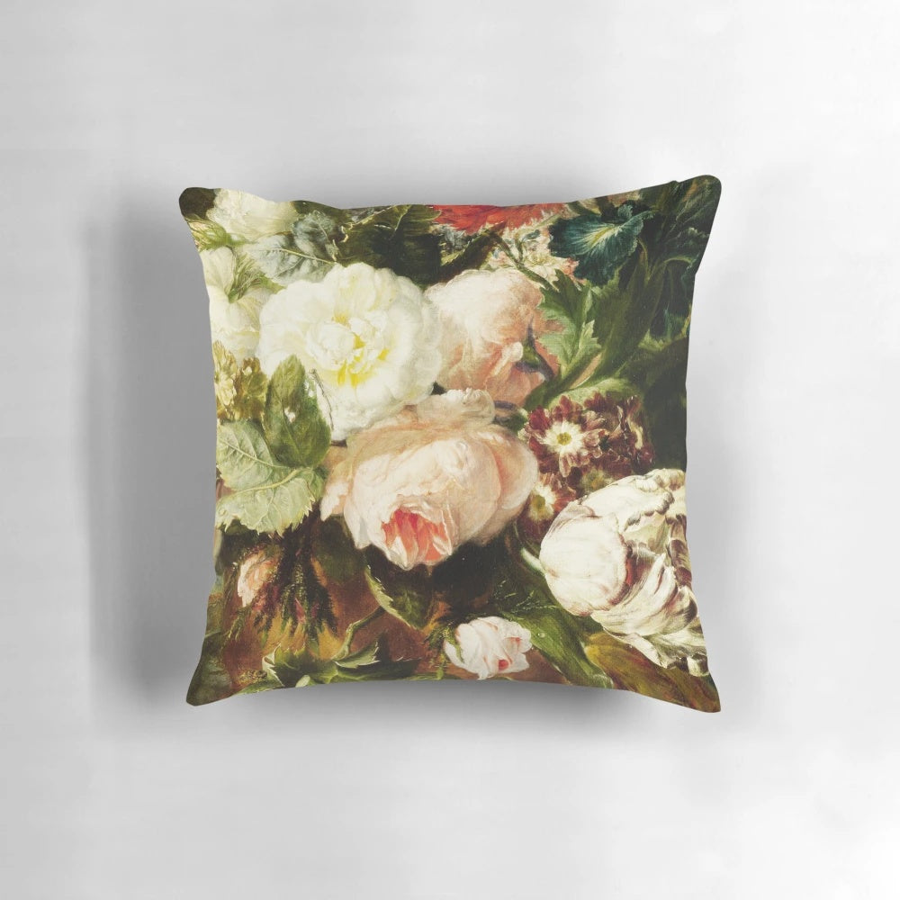 Vintage floral oil painting pillow featuring a romantic bouquet of peonies and roses