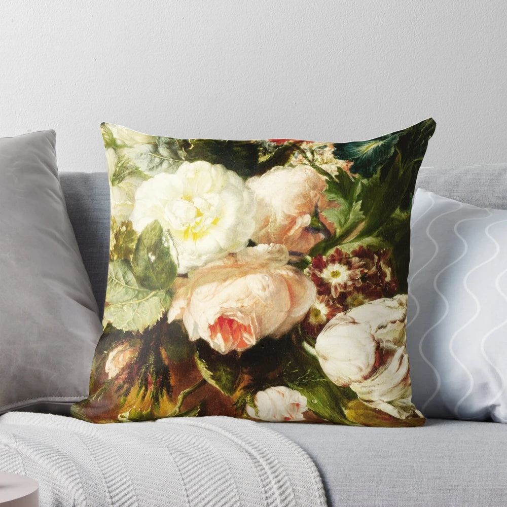 Vintage floral oil painting pillow featuring a romantic bouquet of peonies and roses