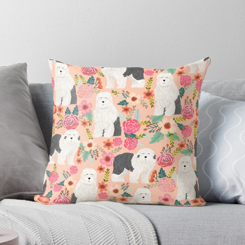 Vintage floral pattern with adorable old English sheepdog dog illustration on a decorative pillow.