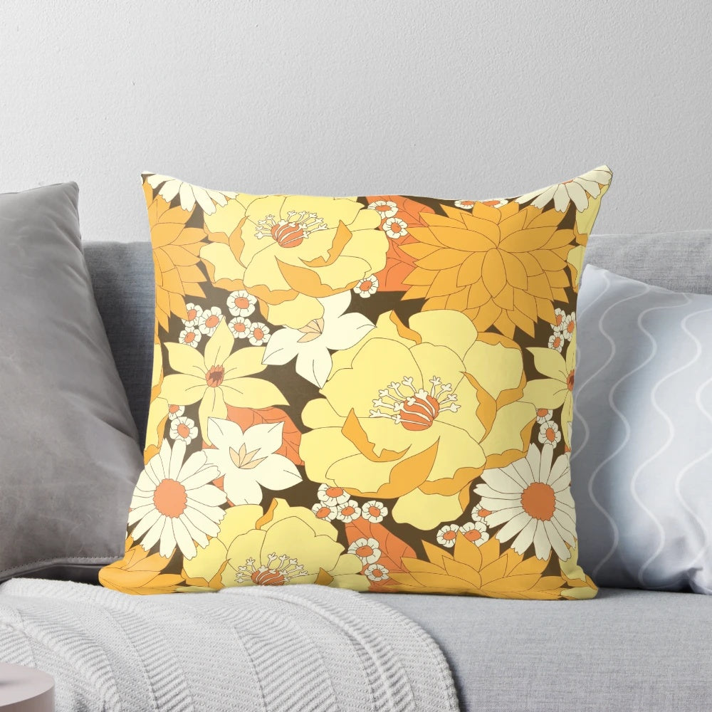 Vintage yellow, orange, and brown floral pattern pillow