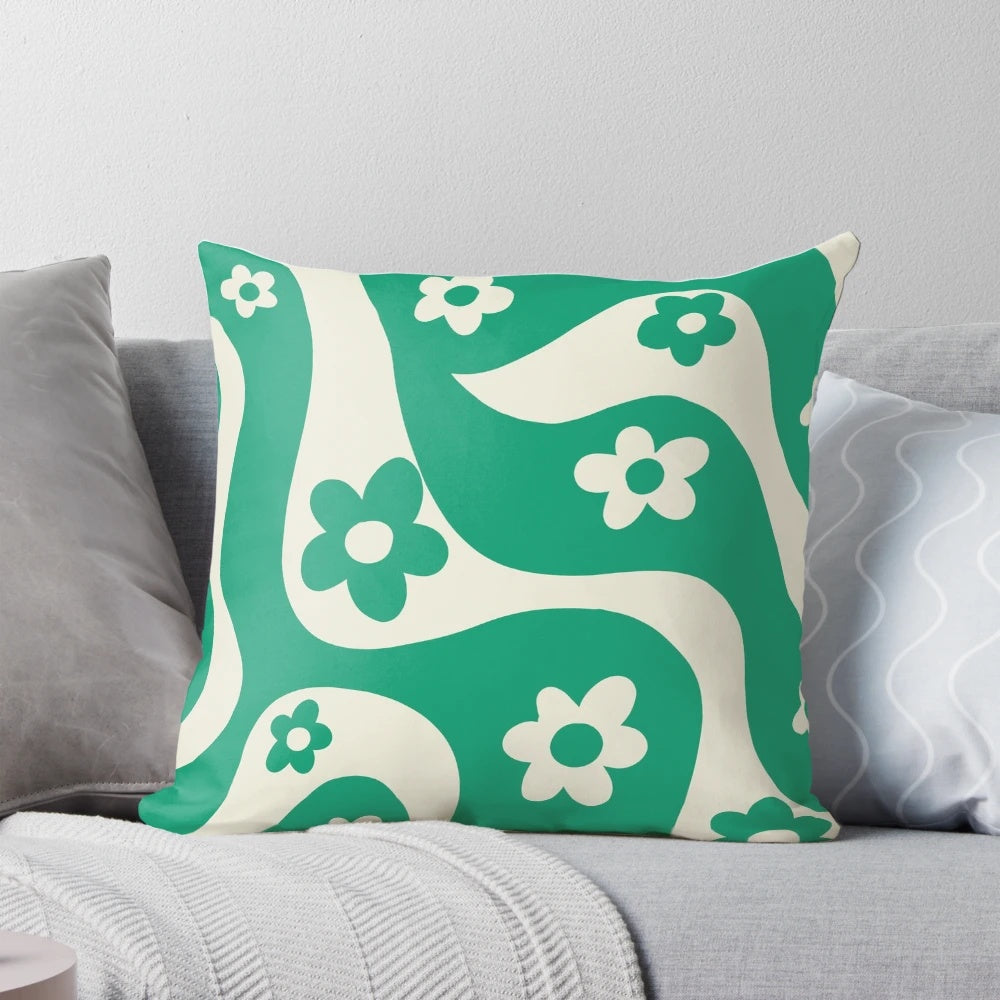 Vintage-inspired floral print pillow in green and white colors