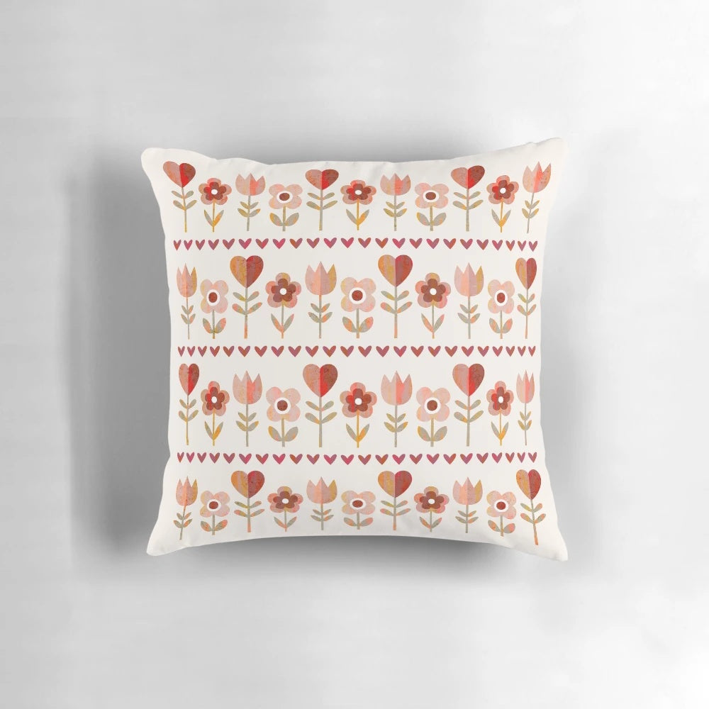 Vintage-inspired floral pillow with retro daisy flower pattern in brown and cream colors