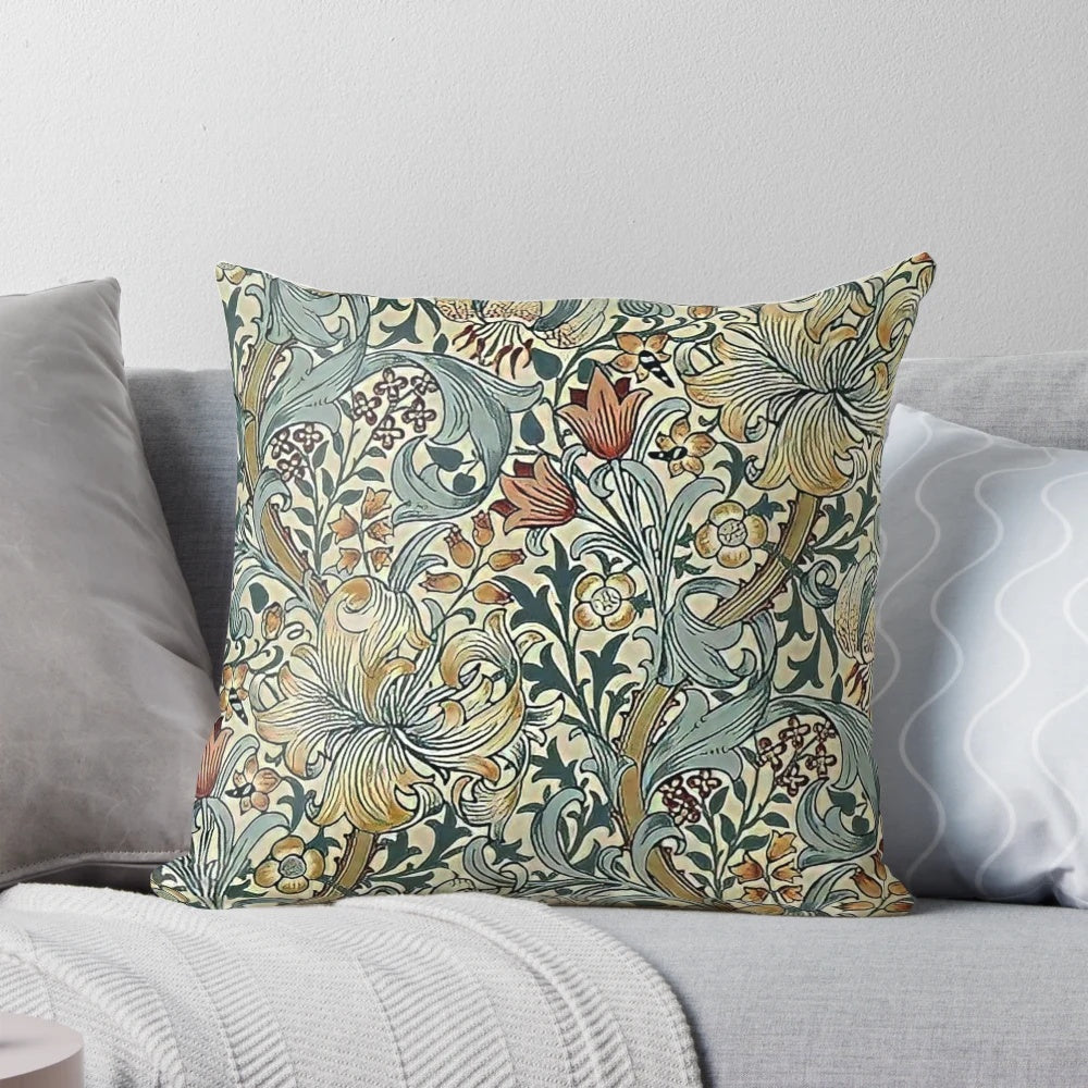 Vibrant floral design pillow with vintage William Morris-style botanical patterns