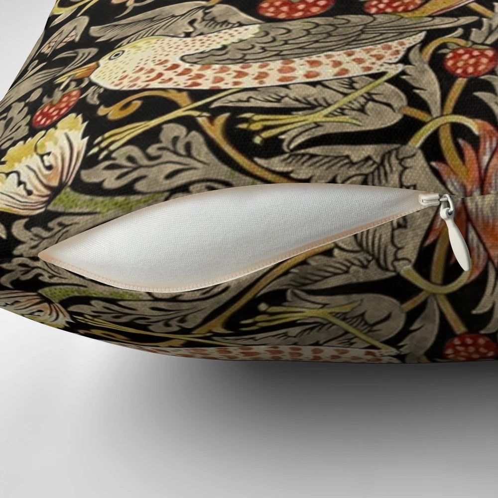 Decorative throw pillow featuring the iconic William Morris Strawberry Thief floral design