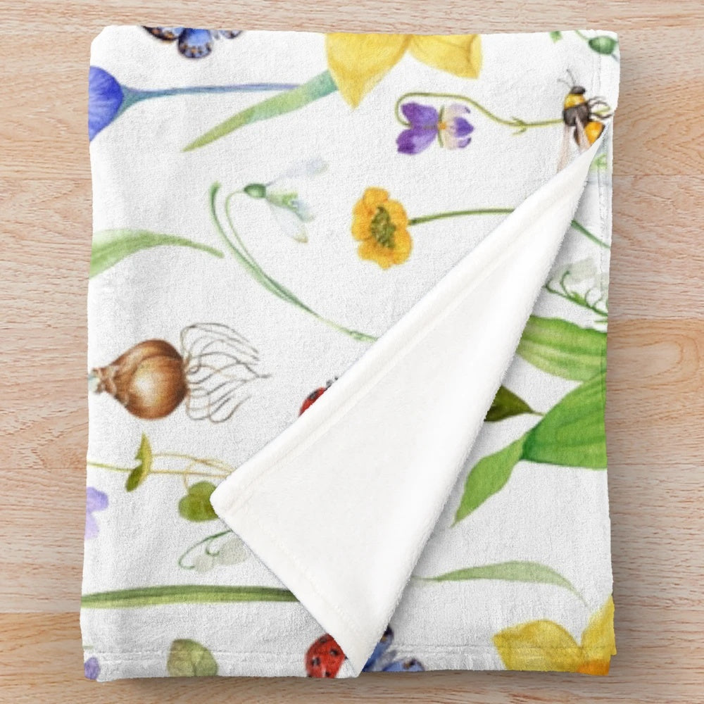 All Spring Flowers Meadow Pattern Plush Blanket with Vintage Botanical Florals
