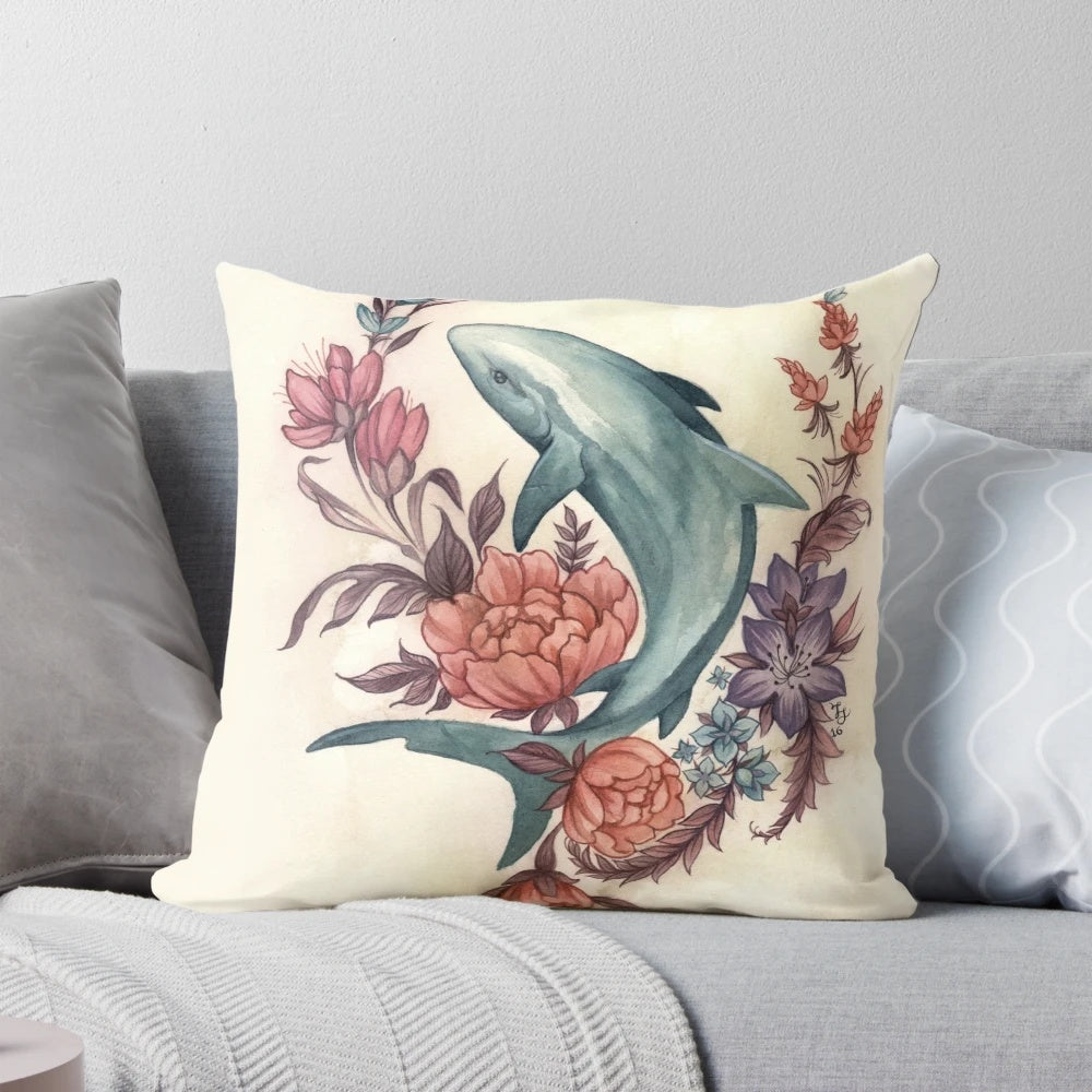 Handmade floral shark pillow with watercolor botanical design for nature-themed home