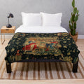 Vintage-style floral tapestry-inspired plush blanket with birds and court figures