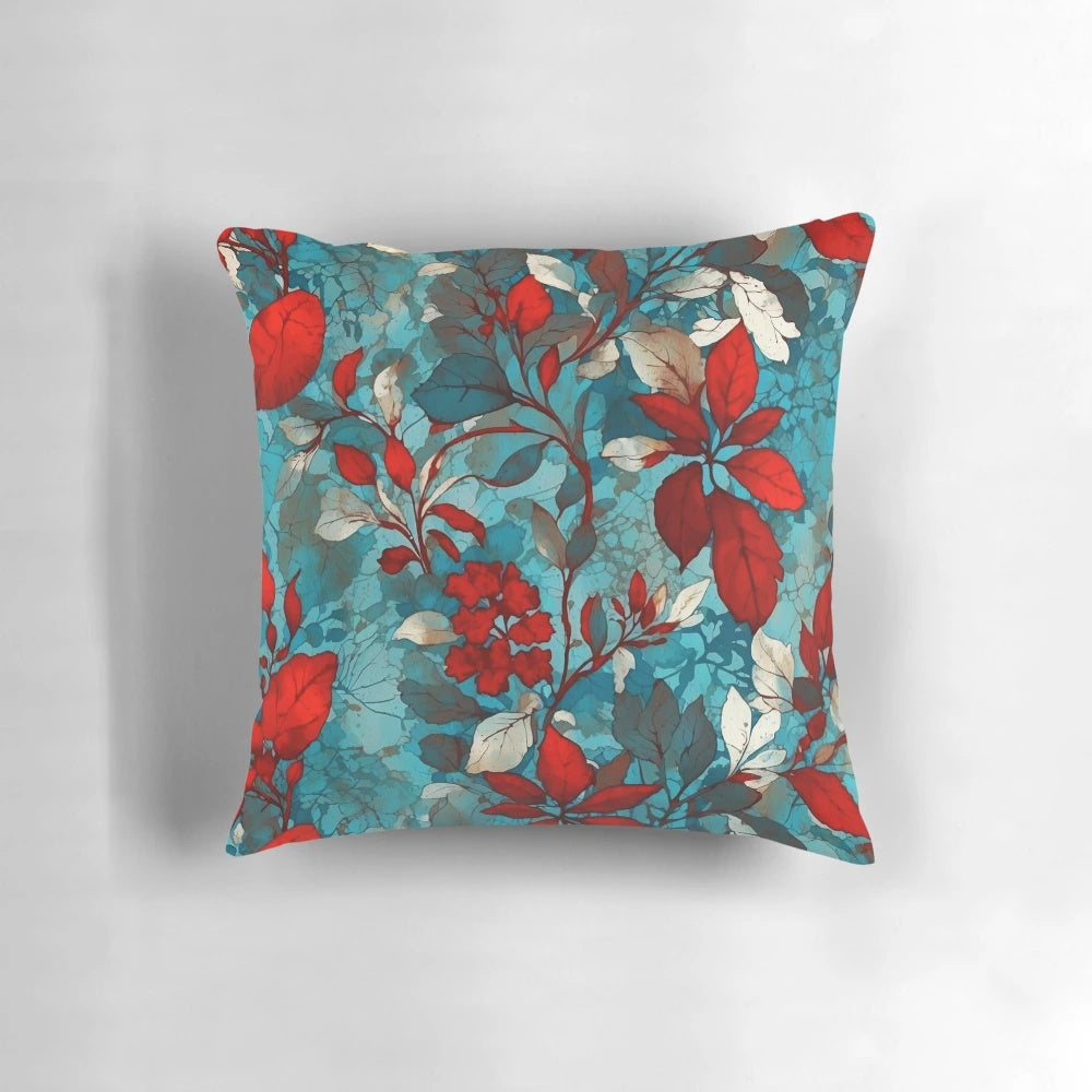 Vintage-inspired teal and red floral throw pillow with small, delicate blooms in a watercolor-style pattern