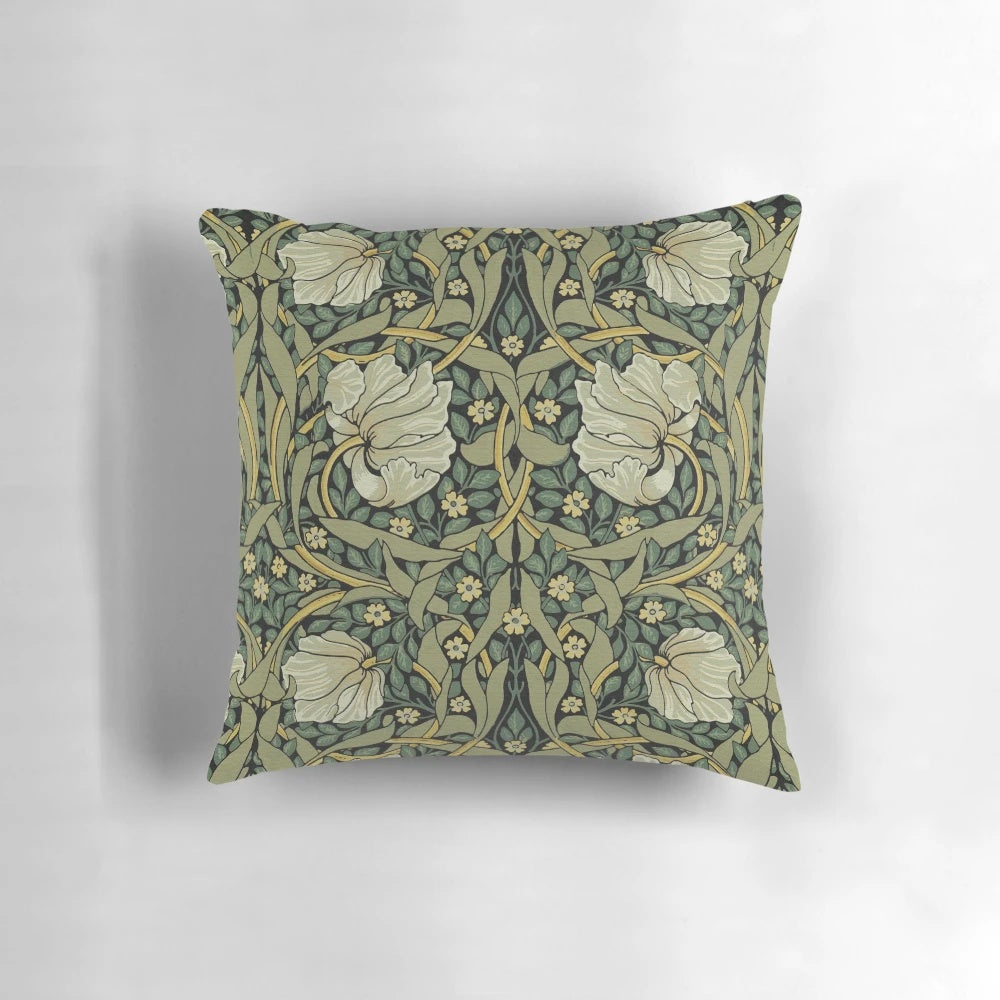 Vintage-inspired floral pillow in green and neutral tones, featuring a William Morris pattern design.