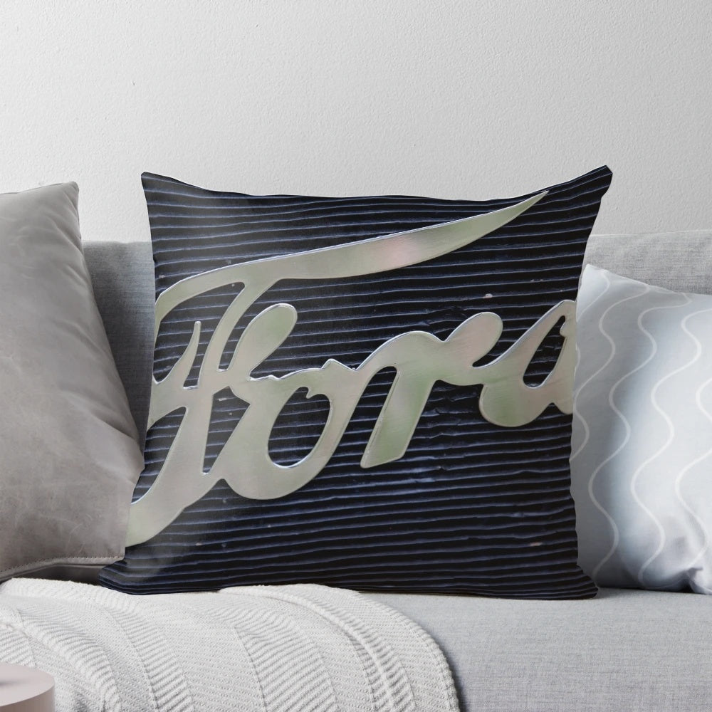 Vintage Ford radiator pillow with rustic metal and automotive detailing